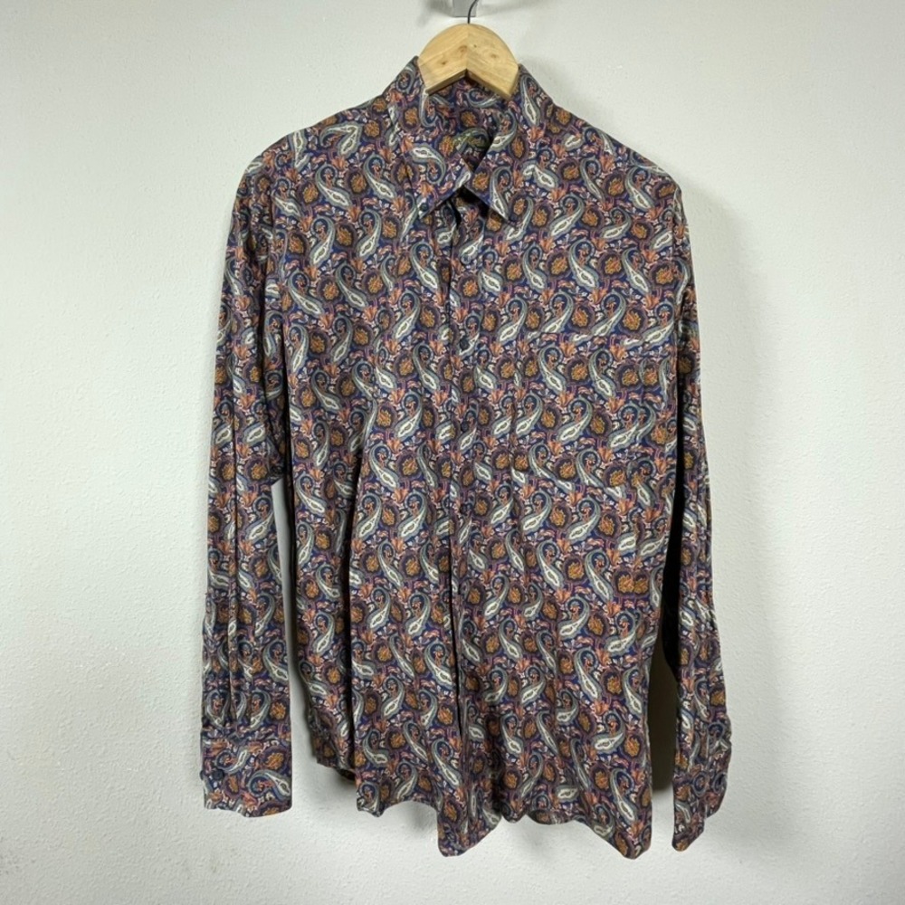Alan Flusser Paisley Button Down Shirt Mens XL Blue Cotton Excellent Long Sleeve